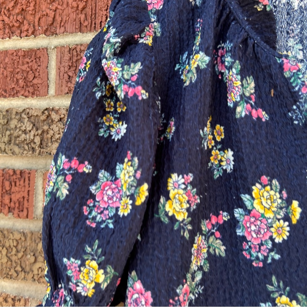 LOFT Navy Blue Textured Yellow and Pink Mini Floral Puff Sleeve Peasant Top - Picture 2 of 3
